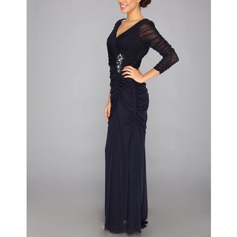 Adrianna Papell Navy Long-Sleeve Ruched Evening Gown with Jeweled Accent